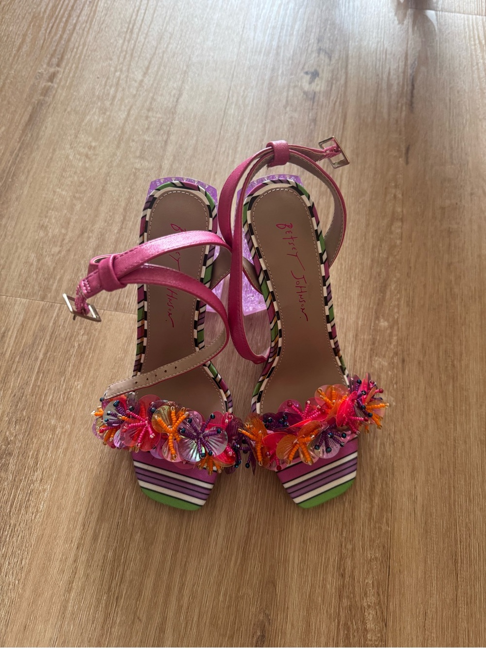 Betsey Johnson Pink Striped Floral Beaded Block Heel Sandals - Picture 2 of 6